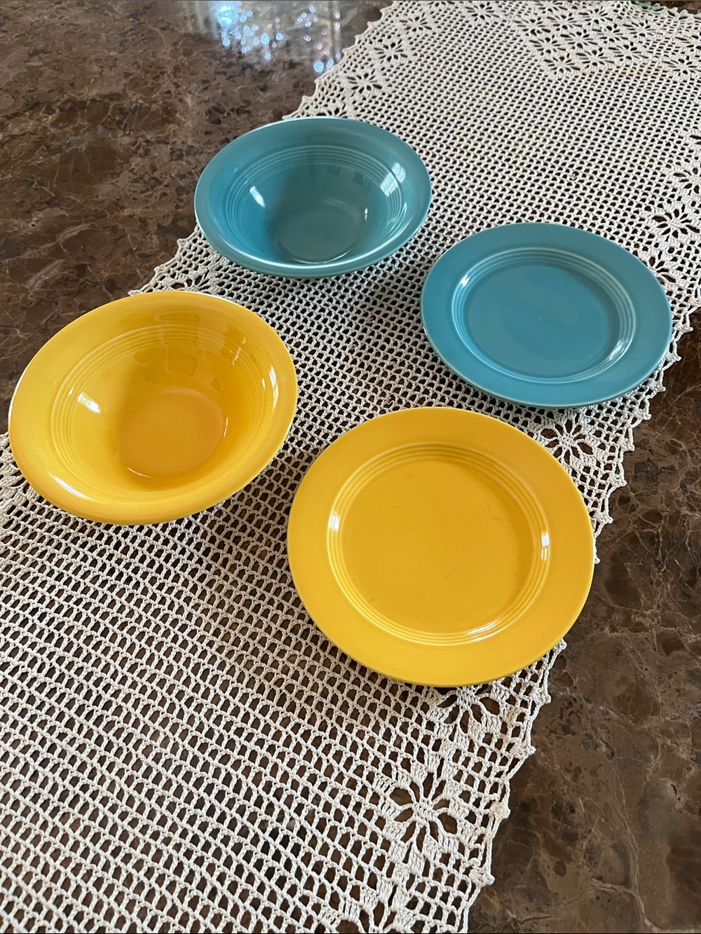 Vintage Homer Laughlin Harlequin Yellow & Blue Bowls & Dessert Plates